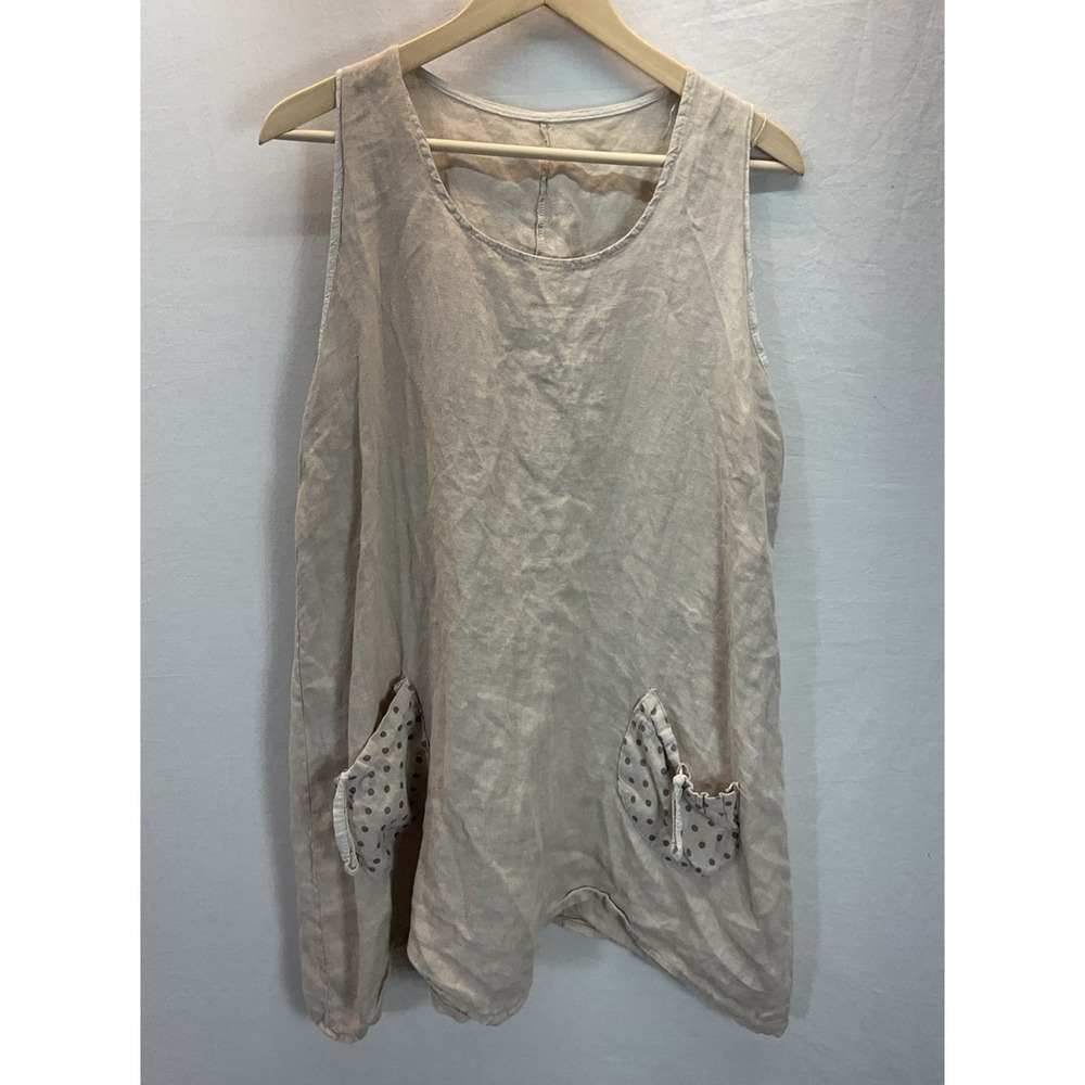 Made In Italy 100% Linen tank Tunic Sz M/L Tan lagenlook contrast pocket artsy